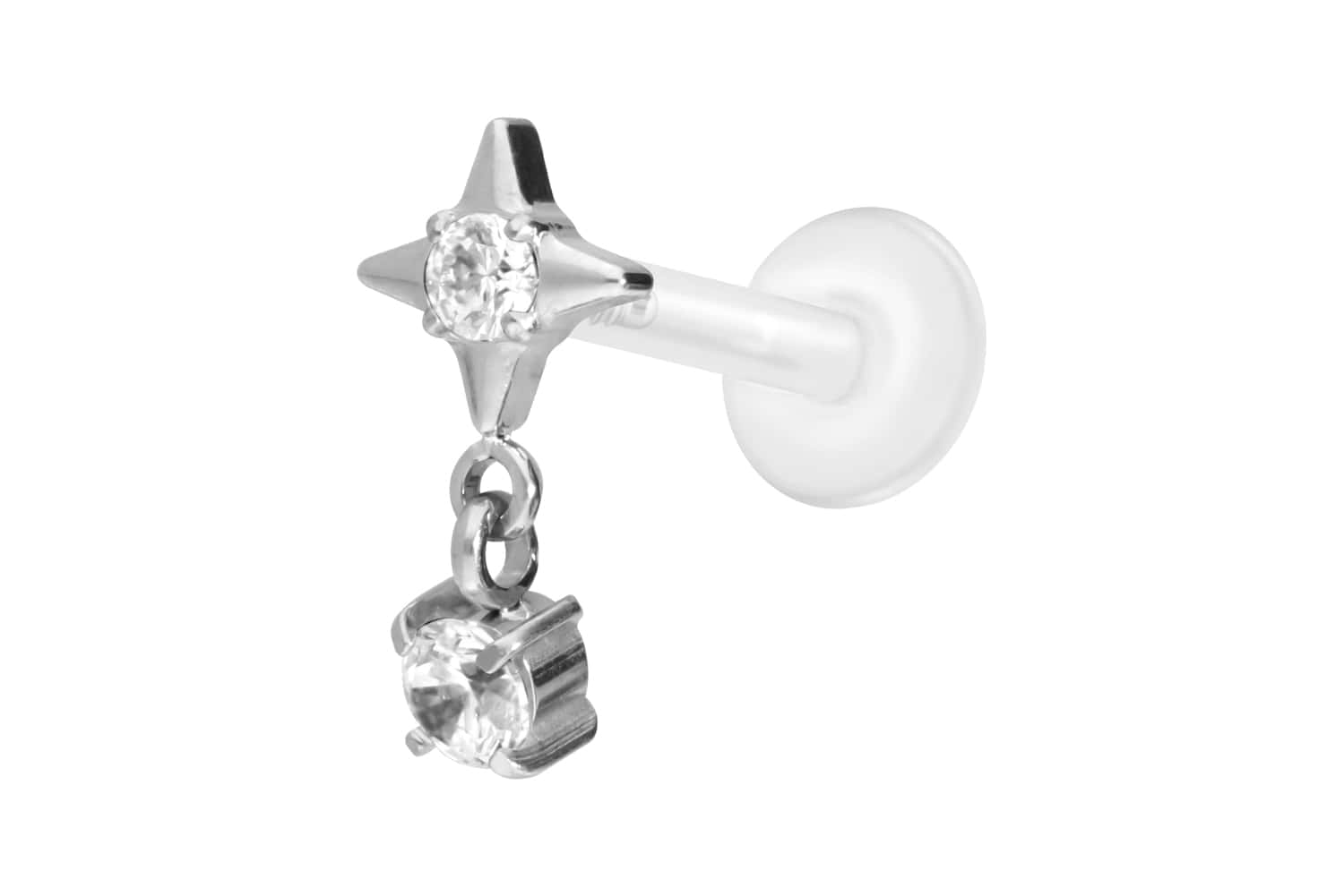 PTFE Labret Piercing mit Innengewinde + Titan-Aufsatz STERN + KRISTALL